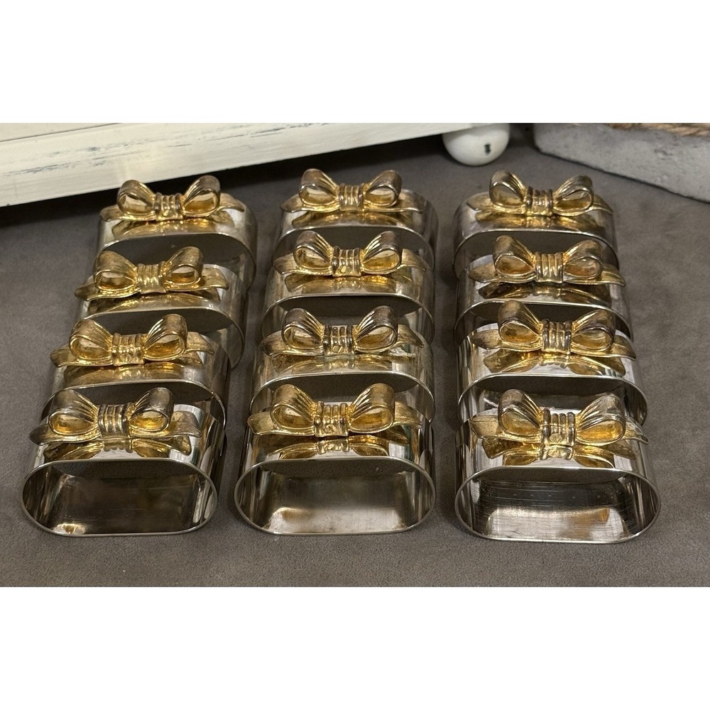 Vintage Silver Plated Napkin Rings w/Gold Plated Bows - 3 Sets of 4